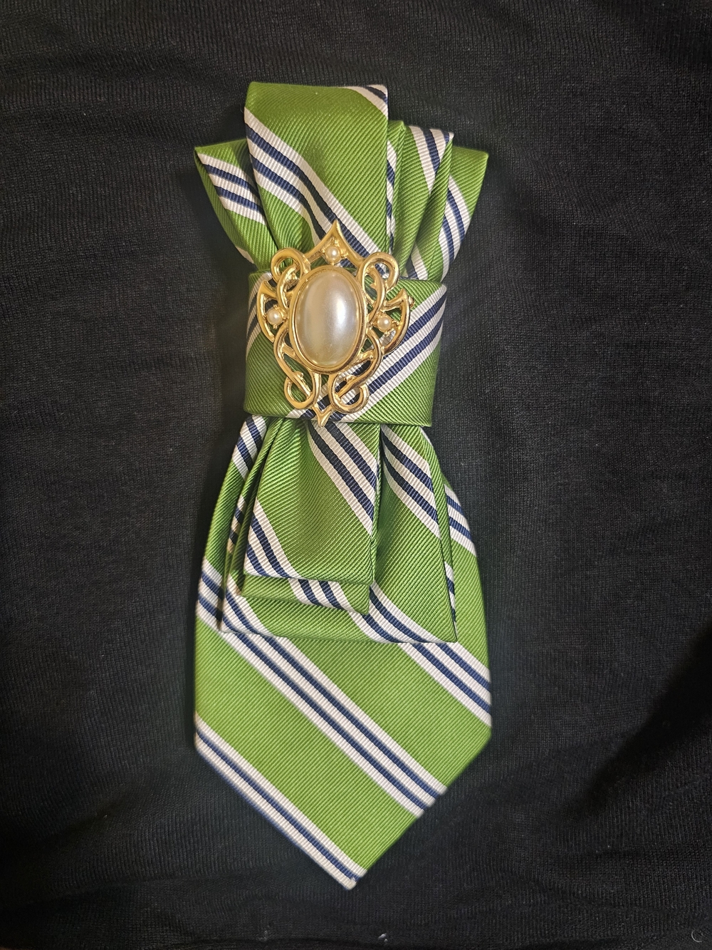 Green Striped Necktie Brooch Accent
